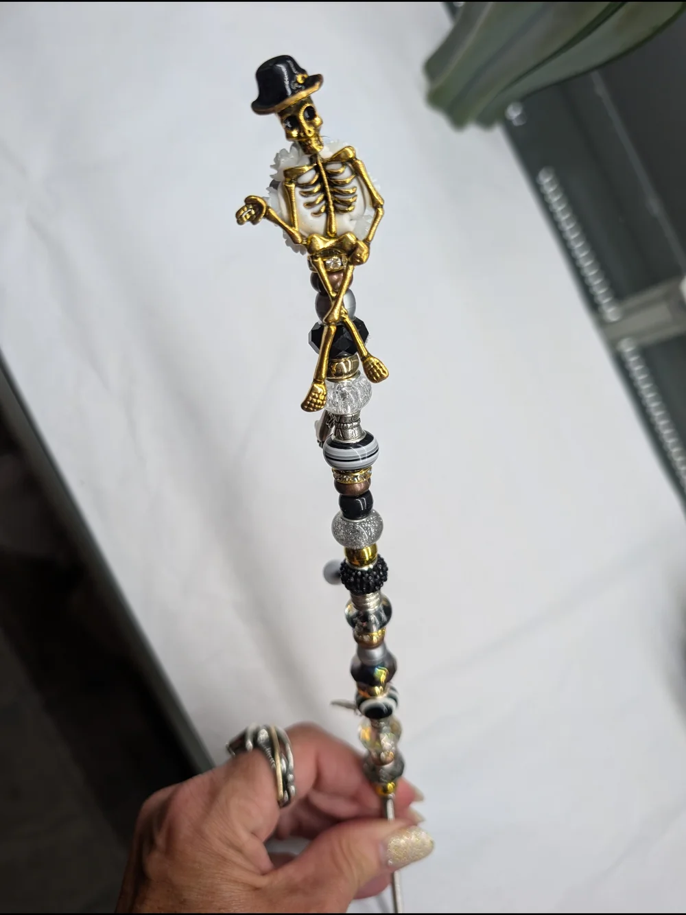 Hand Crafted Beaded Fairy Wand/Plant/Garden Stake W/Gold Blingy Skeleton Topper